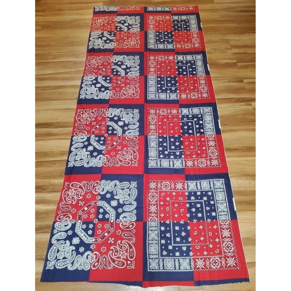 Vintage Fabric Red & Blue Bandana Patchwork Cranston Screen Print 70s Americana